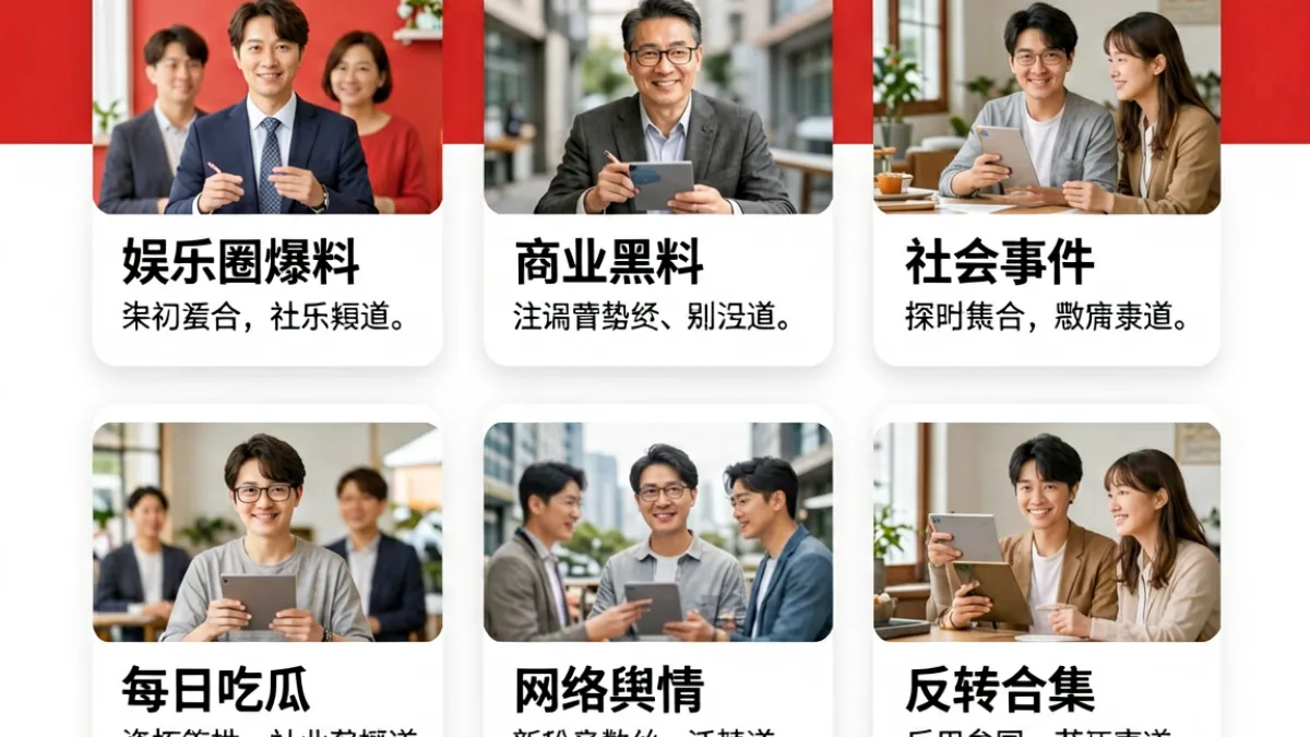 黑料不打烊平台内容分类页面，展示娱乐圈、财经曝光、社会事件等多个频道入口
