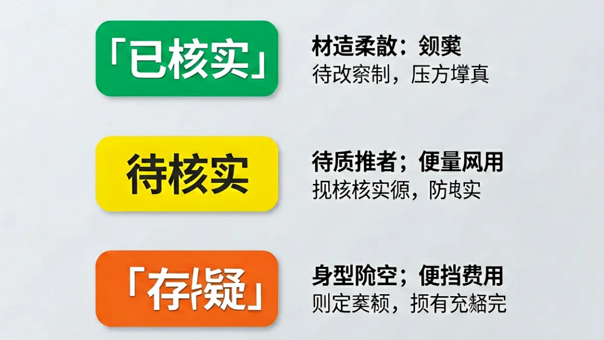 黑料不打烊平台内容核实状态标注示意图，展示已核实、待核实、存疑三种标记样式