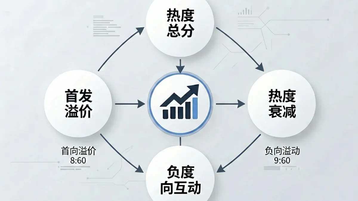 黑料不打烊平台内容热度机制拆解示意图，呈现首发溢价、负向互动与热度衰减三大核心变量的关系